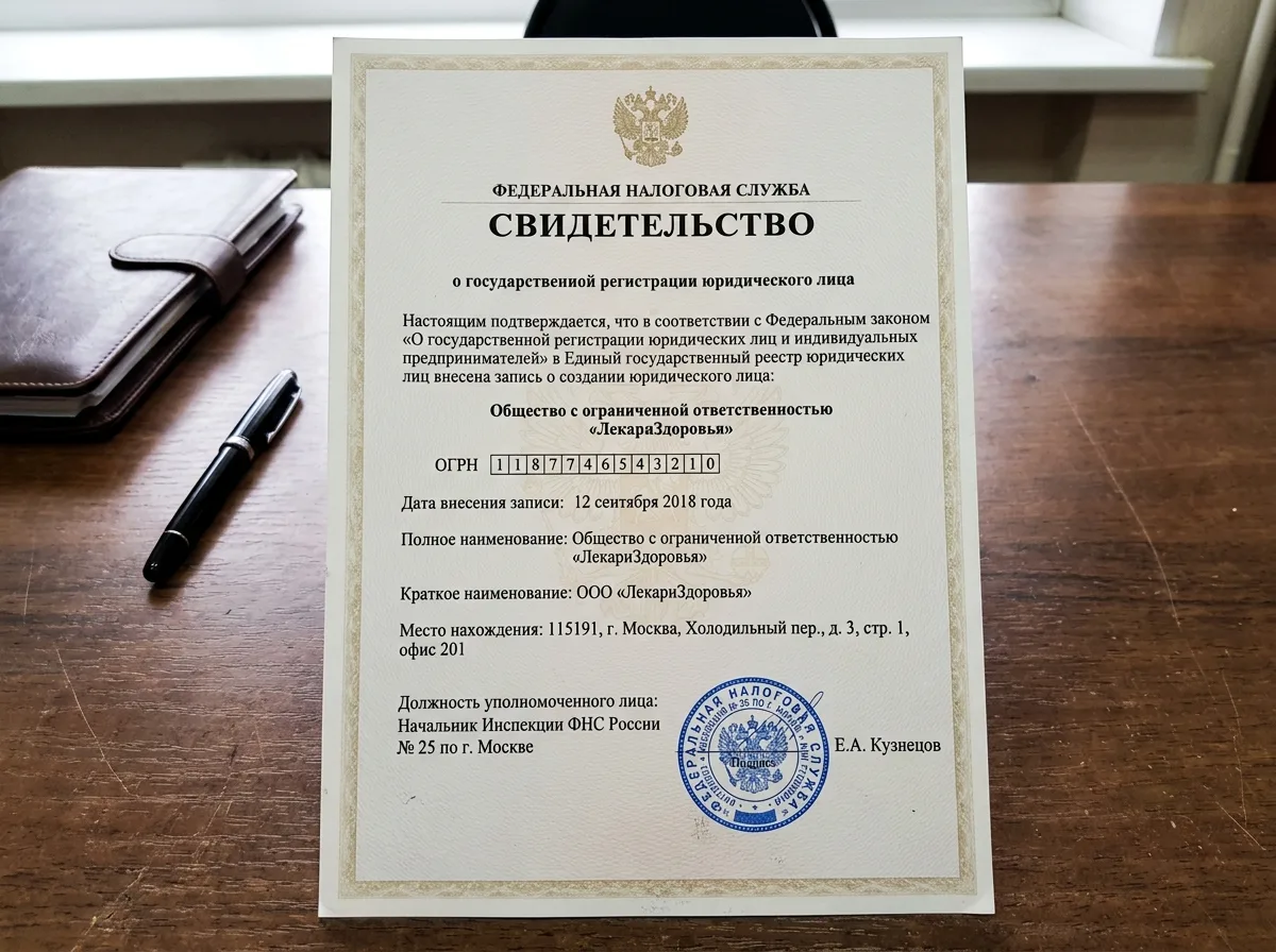 Свидетельство о государственной регистрации ООО ЛекариЗдоровья, документ с синей печатью налоговой службы